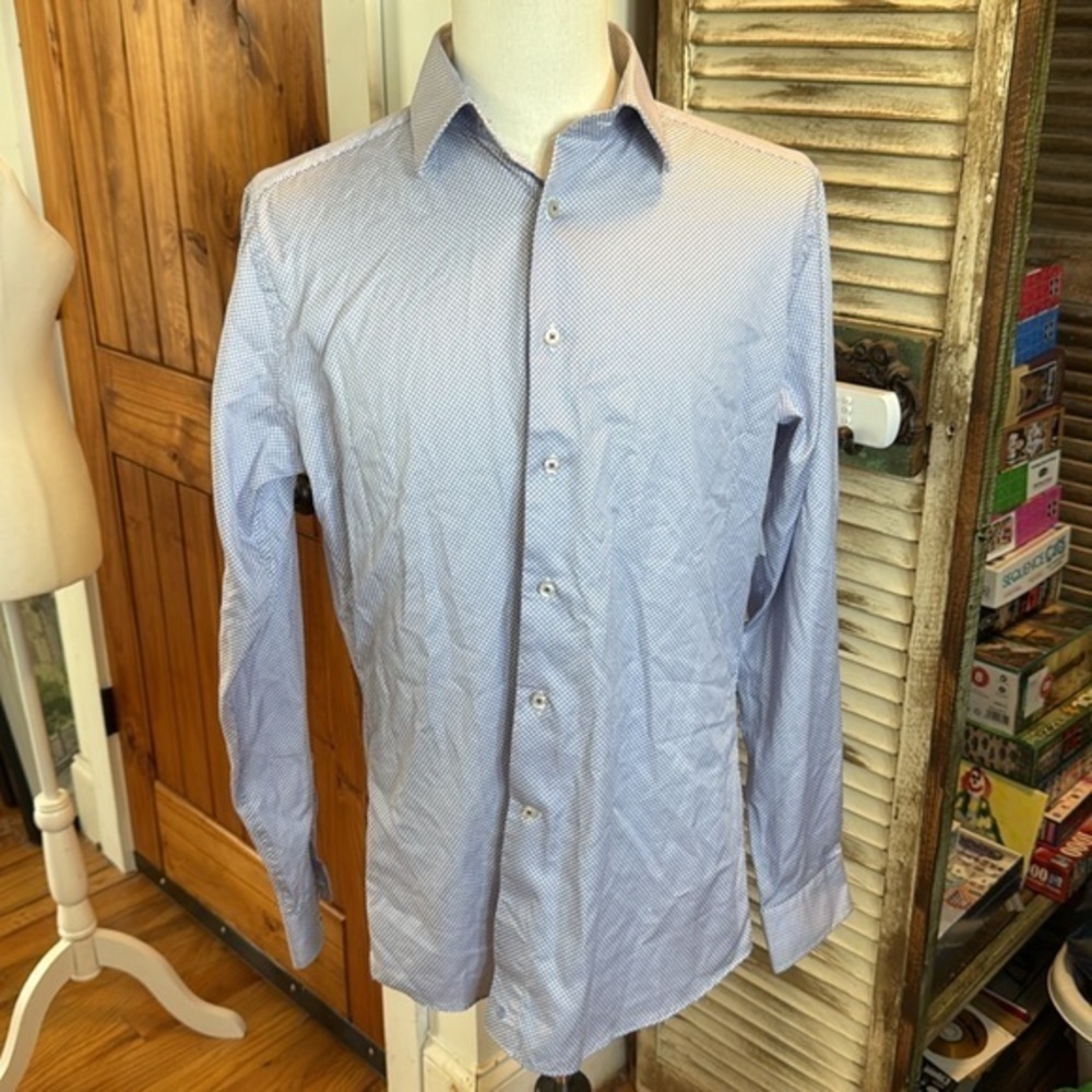 NWT David Donahue Blue Patterned button down shirt size 16.5 36/37